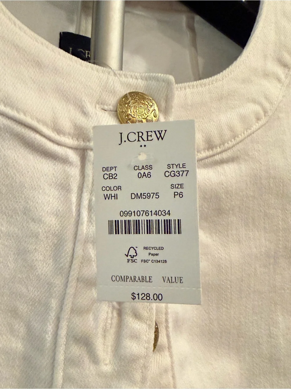 J. Crew White Button-Up Jean Jacket with Gold Buttons